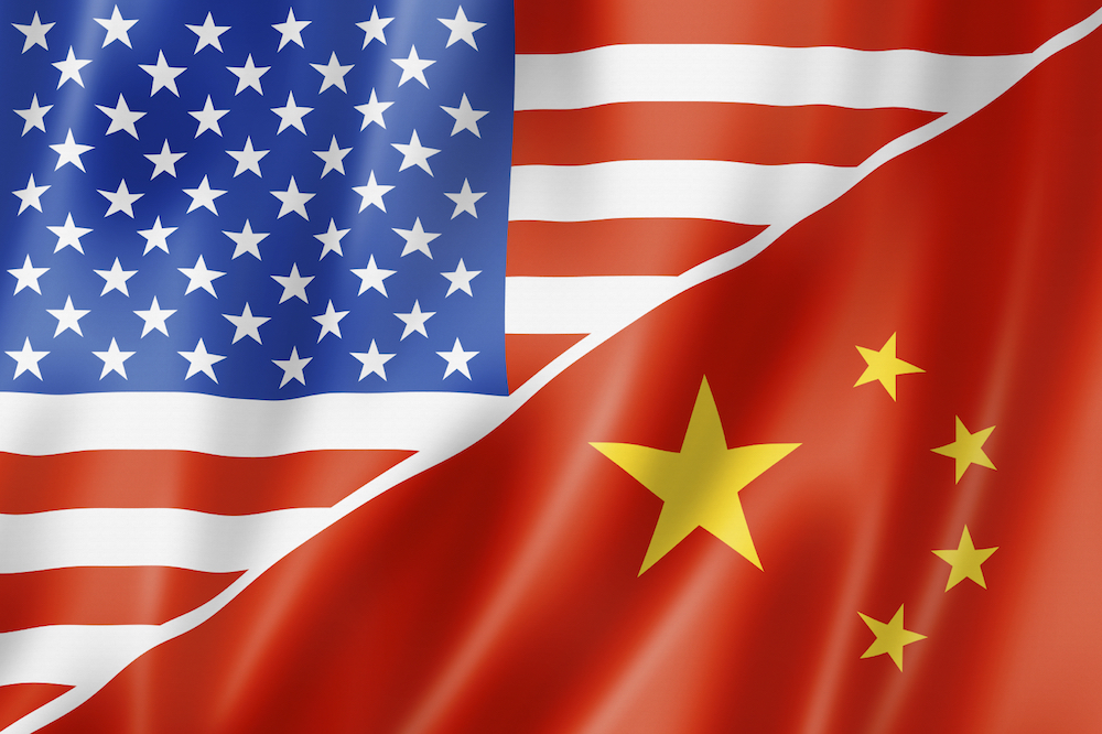 Mixed USA and China flag, three dimensional render, illustration